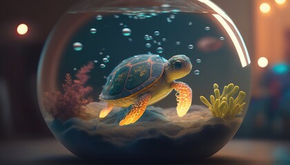 Glowing turtle swimming on bowl Hd wallpaper