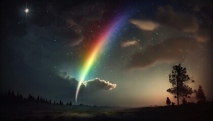  a rainbow in the sky with a star above it and a tree on the other side of the sky with clouds and stars in the sky.  generative ai