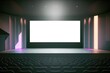 Empty stage for event or business conference with big blank screen mockup. Screen aspect ratio is 2.35:1 (cinema format). Modern hall for presentation or concert template. Spectators on chair seats.