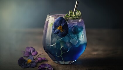  a blue drink with flowers in it and a straw sticking out of the top of the glass with a straw sticking out of the top.  generative ai