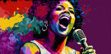 Fototapeta Kosmos - Colorful African American woman singing, Jazz music Banner Illustration, Fictional Character, Generative AI