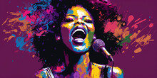 Colorful African American Woman Singing, Jazz Music Banner Illustration, Fictional Character, Generative AI