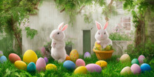 Cute White Easter Bunnies In A Cottage Garden Filled With Pastel Colored Easter Eggs