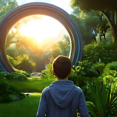 a teen boy looking at a dimensional portal in the hidden garden