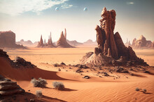 A Vast And Inhospitable Desert Landscape, Dotted With Towering Rock Formations And Scorched Sand Dunes  - Generative AI