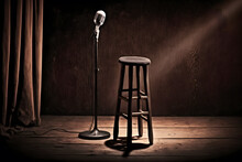 Poster Background For Stand Up Comedy Stage Microphone With Reflectors Ray. Concept Open Mic For Monologue. Generation AI