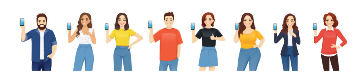 Group of people holding phones and showing blank screens isolated vector illustration 