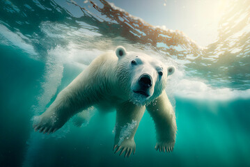 large polar bear submerged and diving to hunt under water in the ocean. generative ai