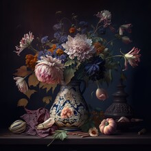 Flower Still Life Bouquet In Vintage Vase, Ancient Dutch Masters Imitation, Abstract Generative AI Illustration