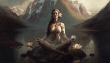 Beautiful Woman In Meditation State Illustration Oil Painting Style Generative Ai