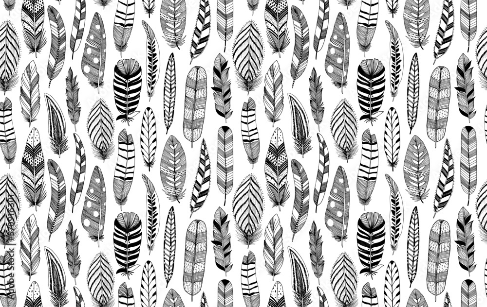 Hand drawn feather seamless pattern. Vector black and white ornament ...