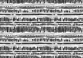 Poster - Brush drawn geometric seamless pattern in native style. Ethnic or tribal ornament with black and white thin lines and bold dashes. Horizontal stripes with vertical vector dashes. Aztec native ornament