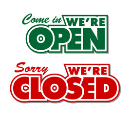 Lettering we are open or closed for door sign. Vector template on transparent background
