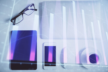 Poster - Multi exposure of financial chart hologram over desktop with phone. Top view. Mobile trade platform concept.