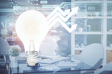 Poster - Double exposure of bulb and office interior background. Concept of idea.