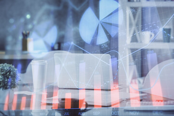 Aufkleber - Double exposure of stock market graph drawing and office interior background. Concept of financial analysis.