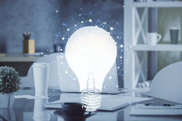 Poster - Double exposure of bulb and office interior background. Concept of idea.