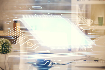 Aufkleber - Double exposure of data theme drawing and office interior background. Concept of technology.