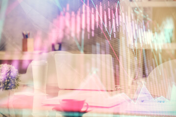 Aufkleber - Double exposure of stock market graph drawing and office interior background. Concept of financial analysis.