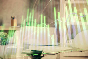 Poster - Double exposure of stock market graph drawing and office interior background. Concept of financial analysis.