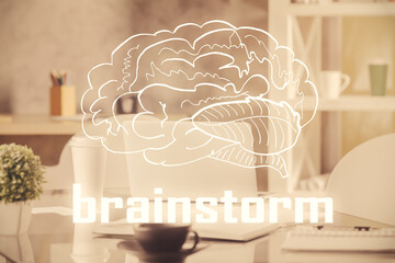 Poster - Multi exposure of creative theme drawings and office interior background.