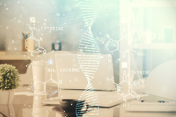 Poster - Double exposure of dna drawing and office interior background. Concept of science.