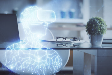 Poster - Double exposure of man in VR glasses drawing and office interior background. Concept of AR.