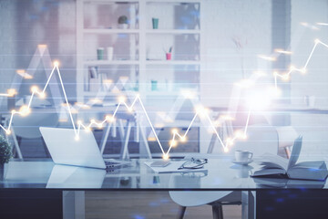 Poster - Multi exposure of stock market chart drawing and office interior background. Concept of financial analysis.