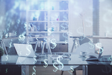 Poster - Multi exposure of stock market chart drawing and office interior background. Concept of financial analysis.