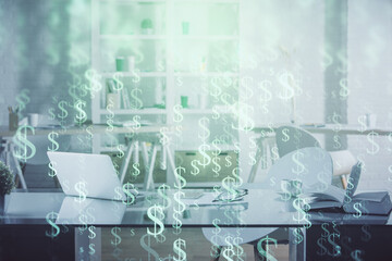 Poster - Multi exposure of stock market chart drawing and office interior background. Concept of financial analysis.