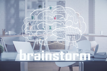 Poster - Multi exposure of creative theme drawings and office interior background.