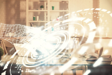 Aufkleber - Multi exposure of data theme drawing and office interior background. Concept of technology.