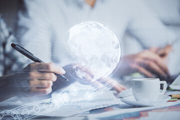 Aufkleber - Double exposure of map drawing over people taking notes background. Concept of international connection