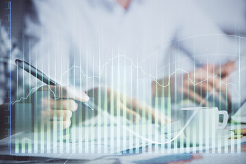 Poster - Double exposure of forex graph drawing over people taking notes background. Concept of financial analysis