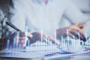 Poster - Double exposure of forex graph drawing over people taking notes background. Concept of financial analysis