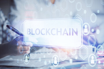 Aufkleber - Double exposure of blockchain theme drawing over people taking notes background. Concept of cryptocurrency