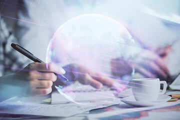 Fototapete - Double exposure of technology theme drawing over people taking notes background. Concept of Tech