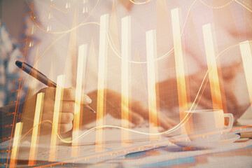 Poster - Double exposure of forex graph drawing over people taking notes background. Concept of financial analysis