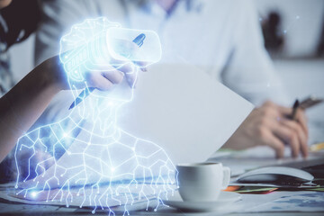 Poster - Double exposure of AR glasses drawing over people taking notes background. Concept of VR