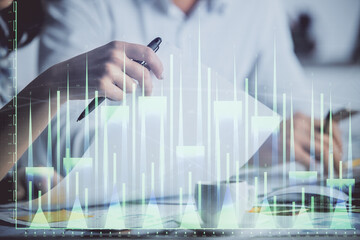 Poster - Double exposure of forex graph drawing over people taking notes background. Concept of financial analysis