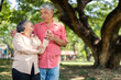Portrait of lovely elderly couple hugging each other with love and happiness in a park outdoor. Happy smiling Elderly couple enjoying with positive emotions at garden