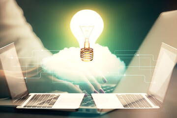 Poster - Double exposure of woman hands typing on computer and light bulb drawing. Idea concept.