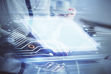 Poster - Multi exposure of woman hands working on computer and data theme hologram drawing. Tech concept.