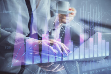 Aufkleber - Double exposure of businesswoman hands typing on computer and financial graph hologram drawing. Stock market analysis concept.