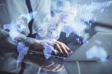 Fototapete - Multi exposure of woman hands typing on computer and business theme hologram drawing. Success concept.