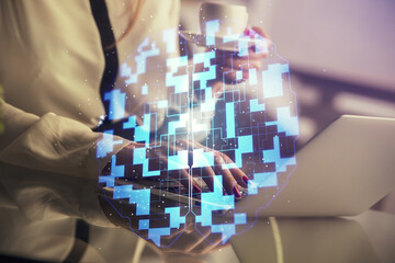 Aufkleber - Multi exposure of woman hands working on computer and data theme hologram drawing. Tech concept.