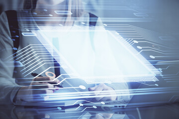 Poster - Multi exposure of woman hands working on computer and data theme hologram drawing. Tech concept.