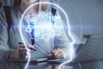 Aufkleber - Multi exposure of woman hands working on computer and human brain hologram drawing. Ai tech concept.