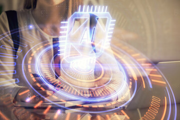 Poster - Multi exposure of woman hands working on computer and data theme hologram drawing. Tech concept.