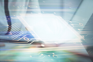Poster - Multi exposure of woman hands working on computer and data theme hologram drawing. Tech concept.